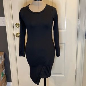 Knit asymmetric hem long sleeve bodycon dress